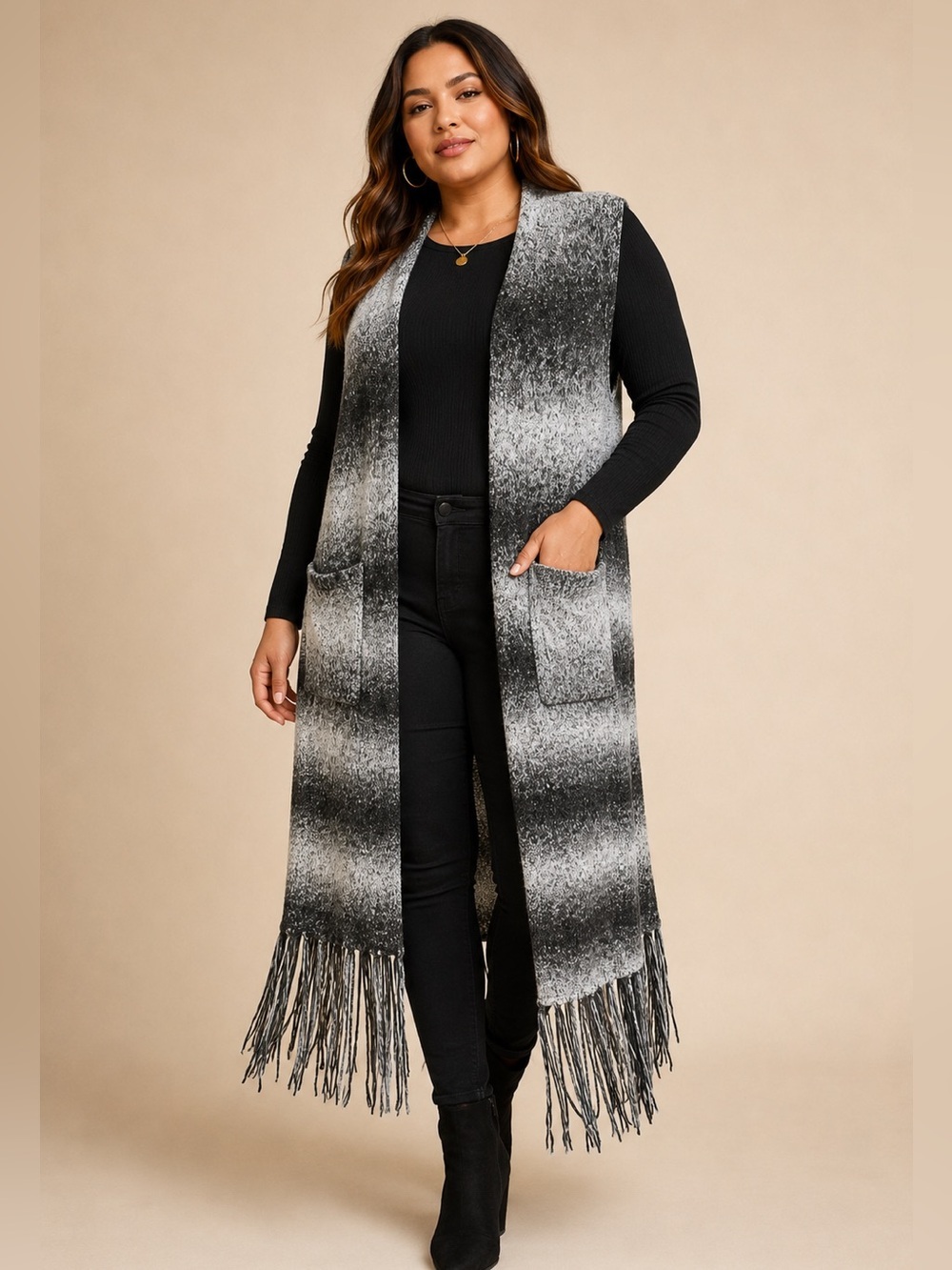 K Jordan | Gray Black Fringe Sweater Vest Duster | Size 1X